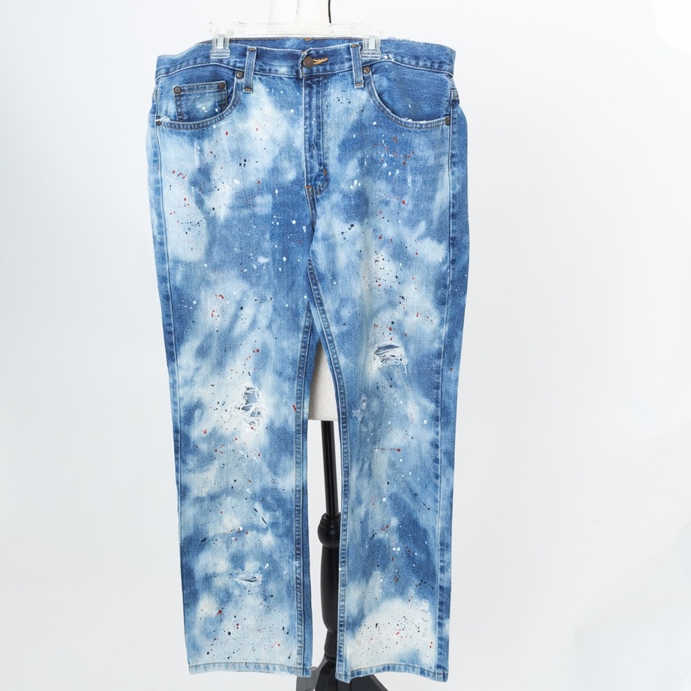 Hand designed paint spattered tattered bleached boyfriend jeans urban size 34